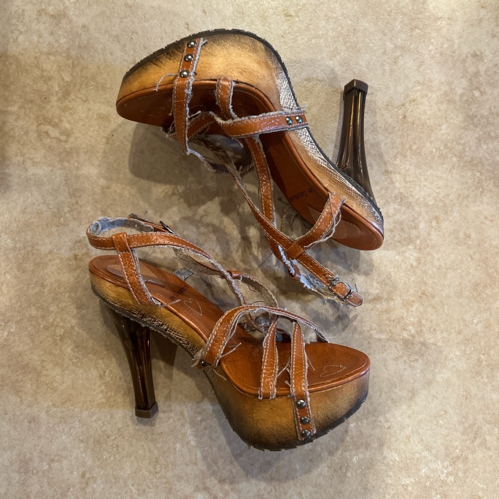 Tan Leather Stiletto Heels with Strappy Design